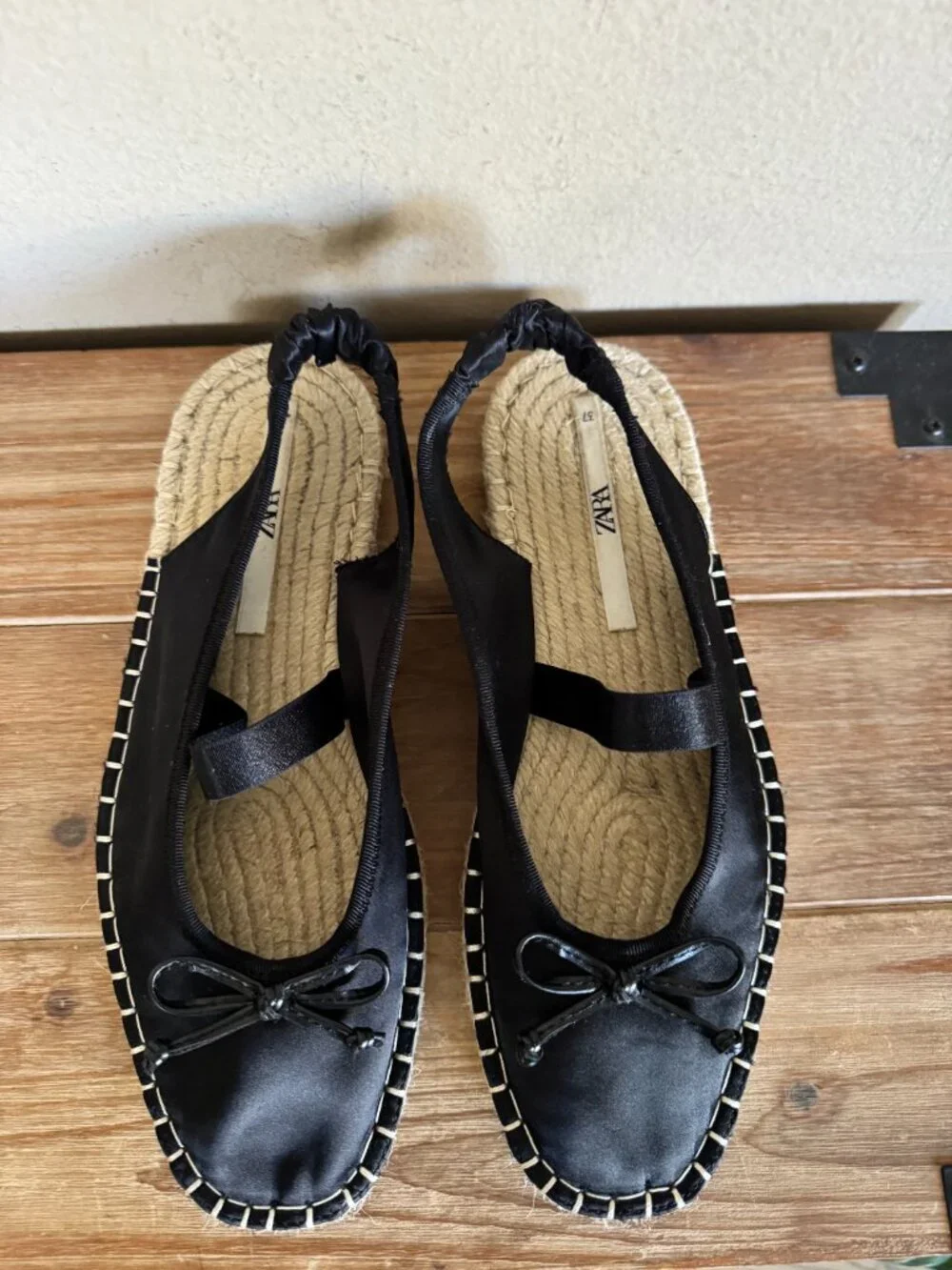 ZARA Black Satin Bow Square Toe Box Maryjane Sling Back Espadrille Flats Size 37
